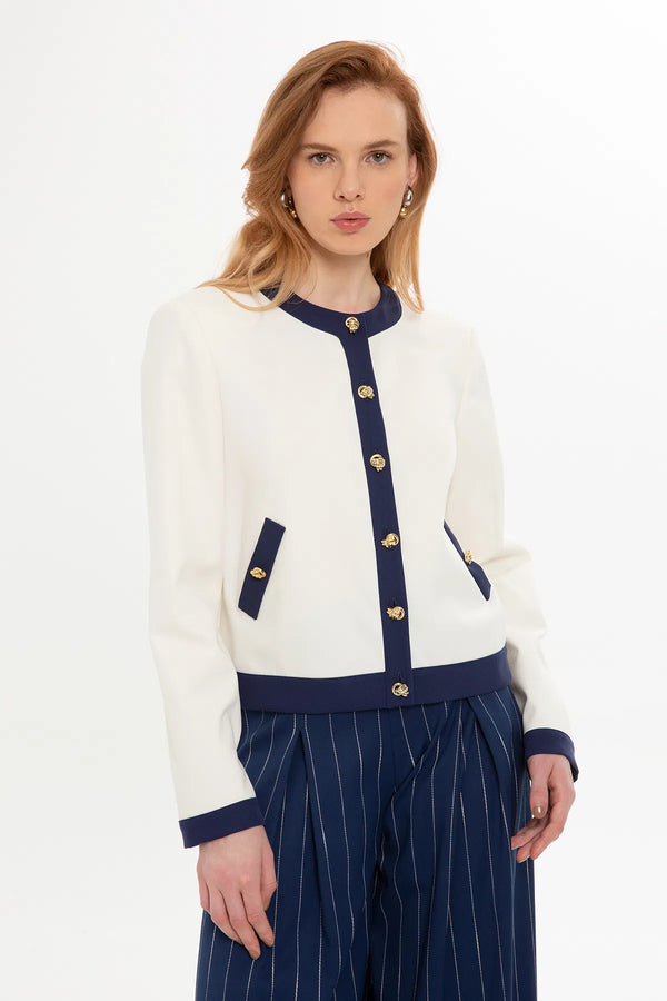 Gizia - Ecru set with Crew Neck Jacket and Pleated Pants